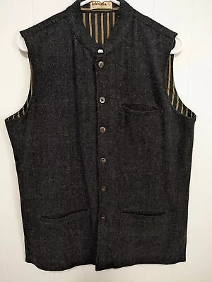 Fabindia Men's Charcoal Gray Tunic Vest Wool Nehru Collar 3 Front Pockets Lined • $26.99