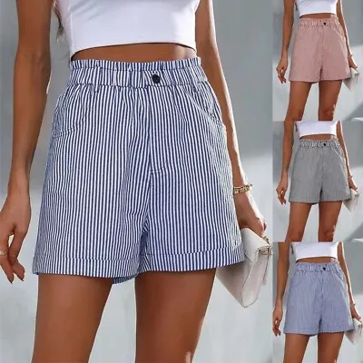 Womens Ladies High Elastic Waist Hot Pants Striped Summer Pocket Shorts Size • £10.69