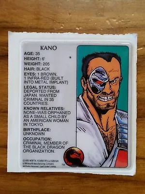 Mortal Kombat 1992 Kano Puffy Sticker 3  Long New Old Stock Video Game  • $10