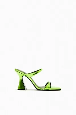$39.07 • Buy Zara Green Metallic Thick Heels Open Toe Slip On Sandals Party Slipper Heels
