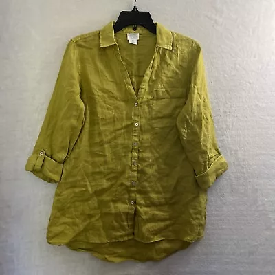 Sigrid Olsen Linen Button Up Top Womans Small Yellow Green Long Sleeve V Neck • $7.99