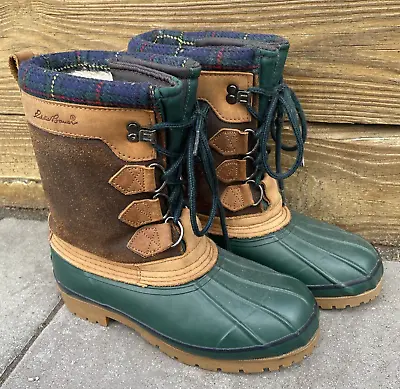 EDDIE BAUER Duck Boots Leather Faux Shearling Lined Green Plaid Vtg Korea 7 • $29.99