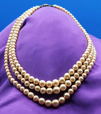 Vintage Majorica Spain Simulated 3-strand Pearl Necklace With Box • $138