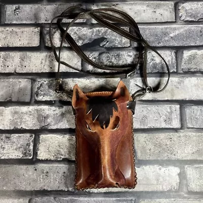 Brown Leather Horse Face Crossbody Purse Handmade One Of A Kind Adjustable Strap • $50
