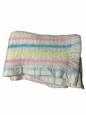 VTG Waffle Knit Thermal Baby Blanket Rainbow Blue Pink Yellow Satin Trim 48”x32” • $39.99