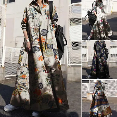 Womens Long Sleeve Lapel Printed A Line Kaftan Maxi Dress Holiday Beach Sundress • £10.46