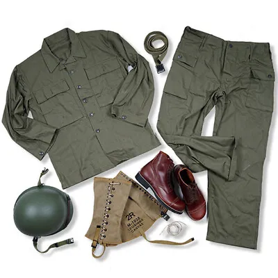 WW2 US ARMY HBT Uniform + M1 Helmet W/ Cover + USMC Pants + Boot + Boot Belts • $282.60