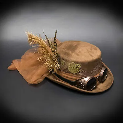 Steampunk Costume | Steampunk Black Hat Brown Goggles Gold Leaf • $26.95