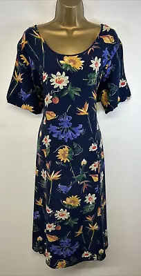 David Nieper Dress Blue Floral Passion Flower Round Neck Short Sleeve Midi UK 20 • £19.99