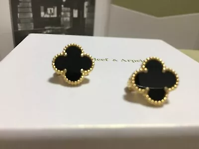 Authentic Van Cleef & Arpels Onyx Vintage Alhambra 18kt Yellow Gold Earrings • $700