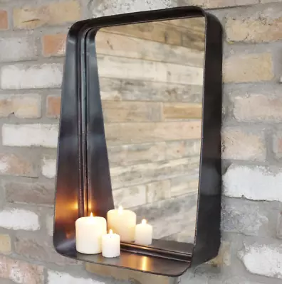 Industrial Wall Mirror And Shelf Large Black Metal Bathroom Storage Display Unit • £40.45