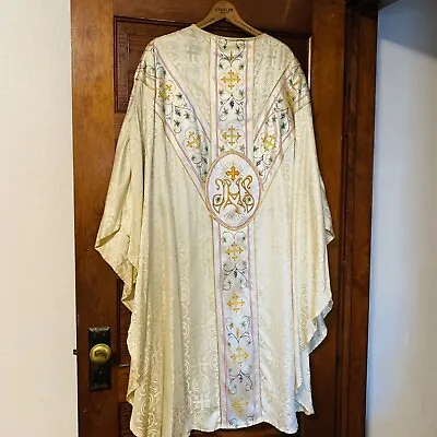 Vtg Handpainted Silk Priest Vestment Robe Stole Brocade Gold Braided Trim Fringe • $249