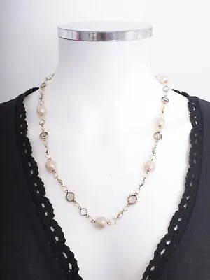 Vintage CHANEL Faux Pearl And Bevel Clear Crystal Gold Plated Necklace • $420.75