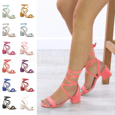 Womens Ladies Mid Chunky Heel Lace Up Tie Up Calf Gladiator Sandals Size • £23.99