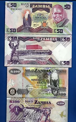 Zambia 50 & 100 Kwacha Eagle Waterfall Uncirculated Banknotes Set # 2 • $2.49