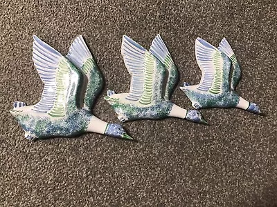 Vintage Rare Rye Pottery Flying Ducks Geese Set Of 3 1980s Hand Painted • £49.99