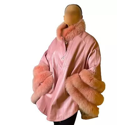 Metallic Baby Pink Genuine Leather And Fur Swing Coat Leather Cape Coat  • $2509.26