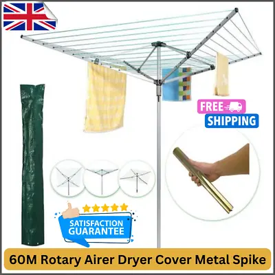4 Arms Rotary Spike & Cover Rotary Airer 60m Heavy Duty Garden Clothesline Dryer • £40.95