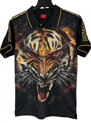 Victorious Men's Casual Tiger Print Black Polo Shirt Size Large • $10.29