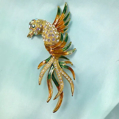 MASSIVE Bird Of Paradise Enamel & Rhinestone Crystal Pin Brooch Vintage Jewels • $33.99