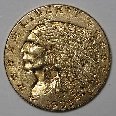 1909 US $2.50 Gold Quarter Eagle - Incuse Indian Head 2 1/2 • $503.08