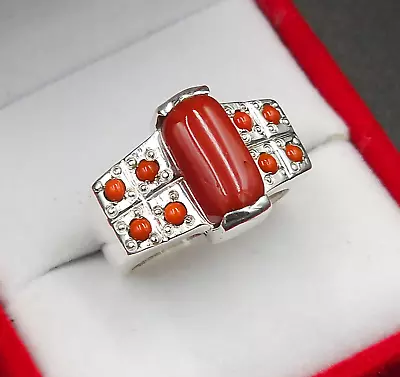 Natural Coral Ring Red Coral Mens Heavy Ring Sterling Silver 925 Marjan Ring • $199