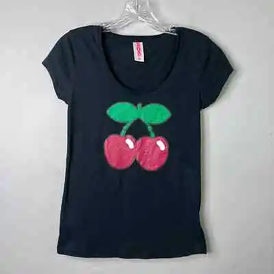 Pacha Ibiza Classic Glitter Cherry Logo Women's Cut Fitted Black T-Shirt Size XS • £26.99