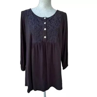 LOGO Lori Goldstein Black Cotton 3/4 Sleeve Henley Top Blouse - Large • $16