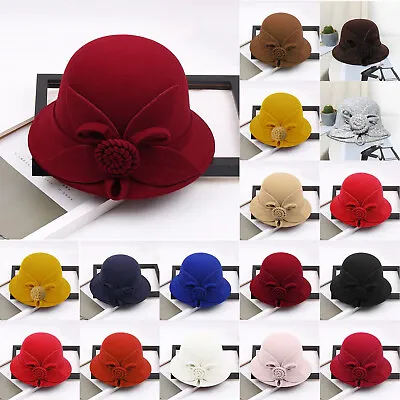 Women Vintage Felt Cloche Hat Winter Floral Fedora Bucket Hat Bowler Hats Caps • $30.59