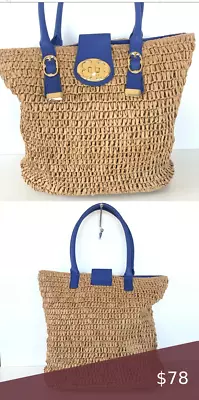 $60 • Buy Emma Fox Natural Straw With Royal Blue Leather Trim Shoulder Satchel Bag - NEW
