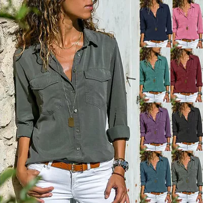 Women's Shirt Long Sleeve Lapel Casual Tops T-Shirt Plain Button Blouse Retro Sz • $28.74