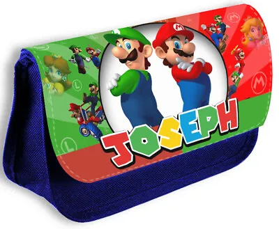 Personalised Blue  Pencil Case Any Name Mario Bag School Kids Stationary 140 • £12.99