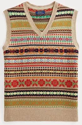 Polo Ralph Lauren Mens Fair Isle Cashmere Knit Varsity V Neck Sweater Vest NWT • $168.64