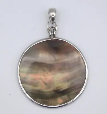 925 Sterling Silver Mother Of Pearl Pendant Circular Shell Double Sided Two Tone • £10.95