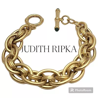 JUDITH RIPKA Heavy STERLING SILVER 14k Clad GOLD CHRYSOPRASE Chain BRACELET 8.5  • $225