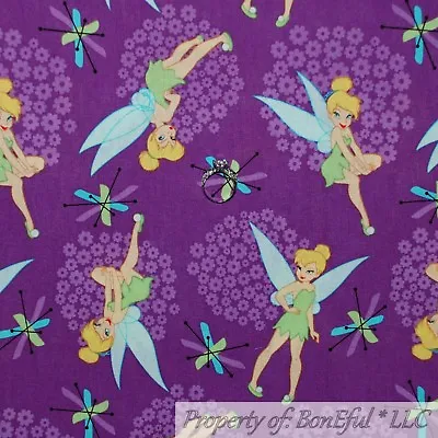 BonEful FABRIC FQ Cotton Quilt Purple Tinkerbell Disney Fairy Princess Girl SALE • $7.79