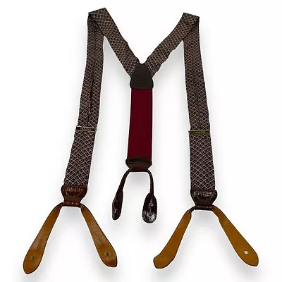 VTG Trafalger Mens Suspenders Y-Back Silver Red Silk Adjusters Leather Ends • $24.99