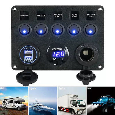 5Gang Rocker Switch Panel Car Boat Marine Blue LED On-Off Toggle Switch Panel • $31.99