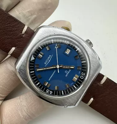 Rare Vintage SICURA Diver Manual Watch Blue Dial 70s Swiss Made 40MM Mens • $427.93