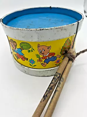 Childs Metal Drum W/wooden Drum Sticks Vintage Cartoon Charachter Theme.  • $18