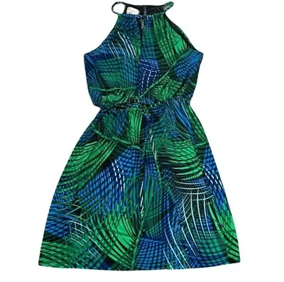 Maggy L Petite 8P Sleeveless Tropical Palms Dress Blue Green Elastic Waist Tie • $33.26