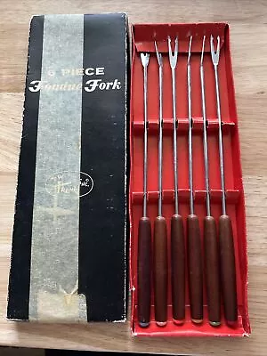 Vintage Retro Mid Century Modern Fondue Forks Set Of Six Teak Wood Handles W Box • $9.95