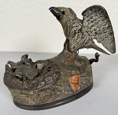 Antique J & E Stevens Cast Iron Mechanical Coin Bank Eagle Eaglets 19th Century • $498