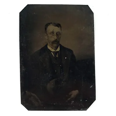 Mustache Man Holding Hat Tintype C1870 Antique 1/6 Plate Necktie Photo B3150 • $29.95