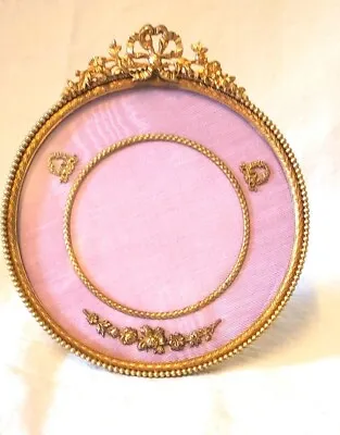 Rare Antique 19th C French Round Gilded Bronze Photo Frame W Pink Moire Fabric • $680