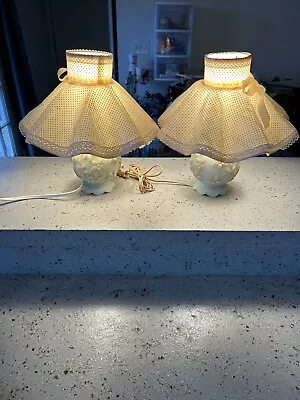 Vtg Pair Of 8” MCM Light Mint Green Glass Boudoir Bedside Table Lamps W/Shades! • $40