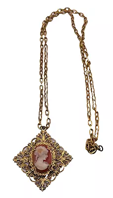 Vintage Cameo Square Gold Filigree Pendant Statement Necklace • $9.99