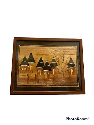 Vintage Marquetry Inlaid Wood Picture Workers Hut Tree Mountains • $22