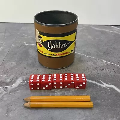 Vintage Yahtzee Dice Shaker Cup Leather Print Can Dice  Pencils 1956 Edition • $5