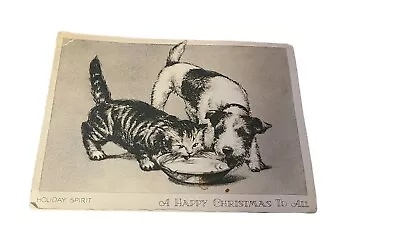 Vintage Christmas Card Holiday Spirit Cat And Dog Drinking Milk • $12.90
